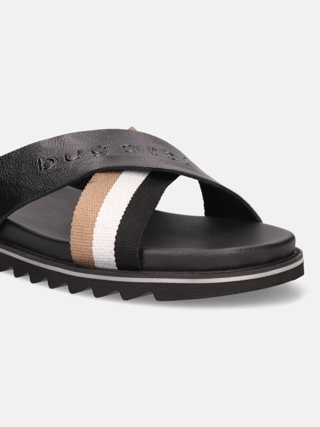 A black Men's bugatti Cross Strap Sandals featuring a round open toe, zero heels heel, and a wide fit. Made from premium genuine leather with a durable eva outsole, this slip-on design offers both style and comfort.