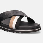 A black Men's bugatti Cross Strap Sandals featuring a round open toe, zero heels heel, and a wide fit. Made from premium genuine leather with a durable eva outsole, this slip-on design offers both style and comfort.