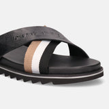 A black Men's bugatti Cross Strap Sandals featuring a round open toe, zero heels heel, and a wide fit. Made from premium genuine leather with a durable eva outsole, this slip-on design offers both style and comfort.
