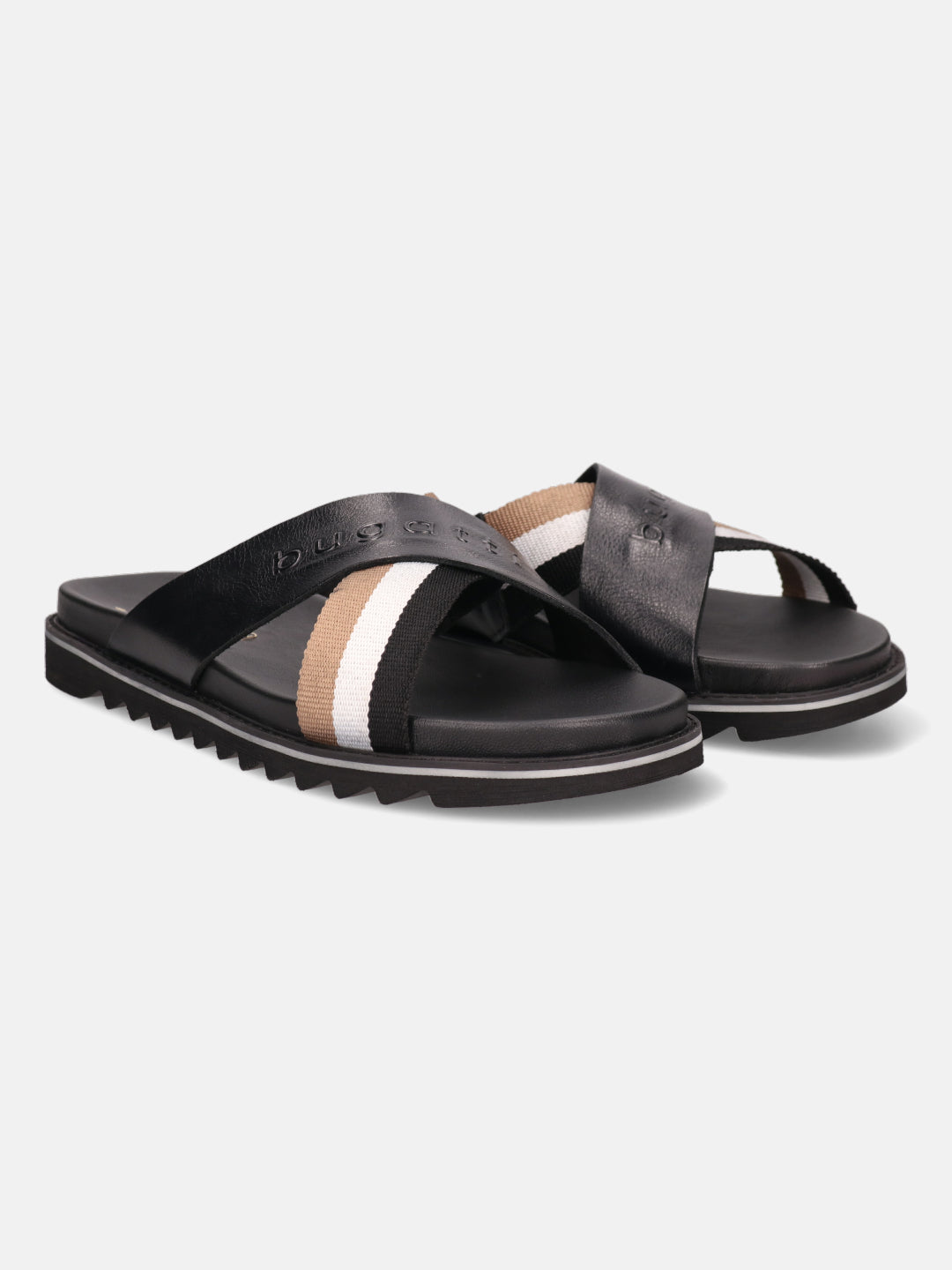 A black Men's bugatti Cross Strap Sandals featuring a round open toe, zero heels heel, and a wide fit. Made from premium genuine leather with a durable eva outsole, this slip-on design offers both style and comfort.