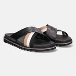 A black Men's bugatti Cross Strap Sandals featuring a round open toe, zero heels heel, and a wide fit. Made from premium genuine leather with a durable eva outsole, this slip-on design offers both style and comfort.