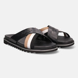 A black Men's bugatti Cross Strap Sandals featuring a round open toe, zero heels heel, and a wide fit. Made from premium genuine leather with a durable eva outsole, this slip-on design offers both style and comfort.