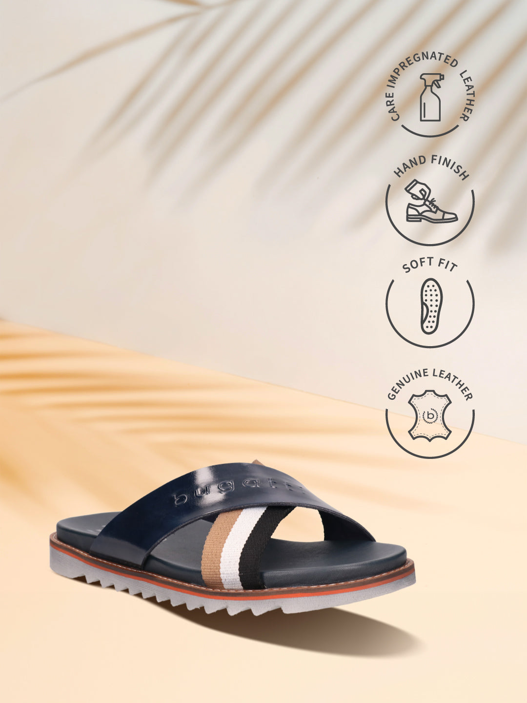 bugatti Limon dark blue premium leather comfort sandals with a cross strap design and a sporty sole.