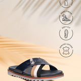 bugatti Limon dark blue premium leather comfort sandals with a cross strap design and a sporty sole.