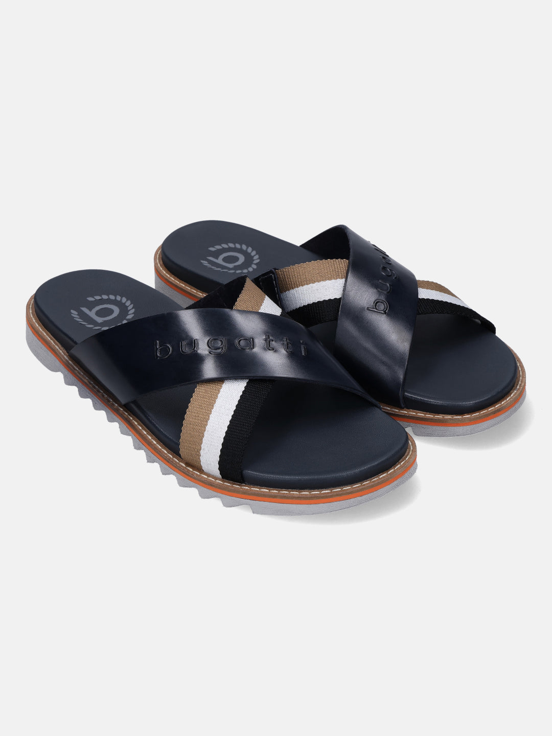 Bugatti Limon dark blue leather sandals with cross straps and striped accent.
