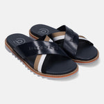 Bugatti Limon dark blue leather sandals with cross straps and striped accent.
