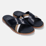 Bugatti Limon dark blue leather sandals with cross straps and striped accent.

