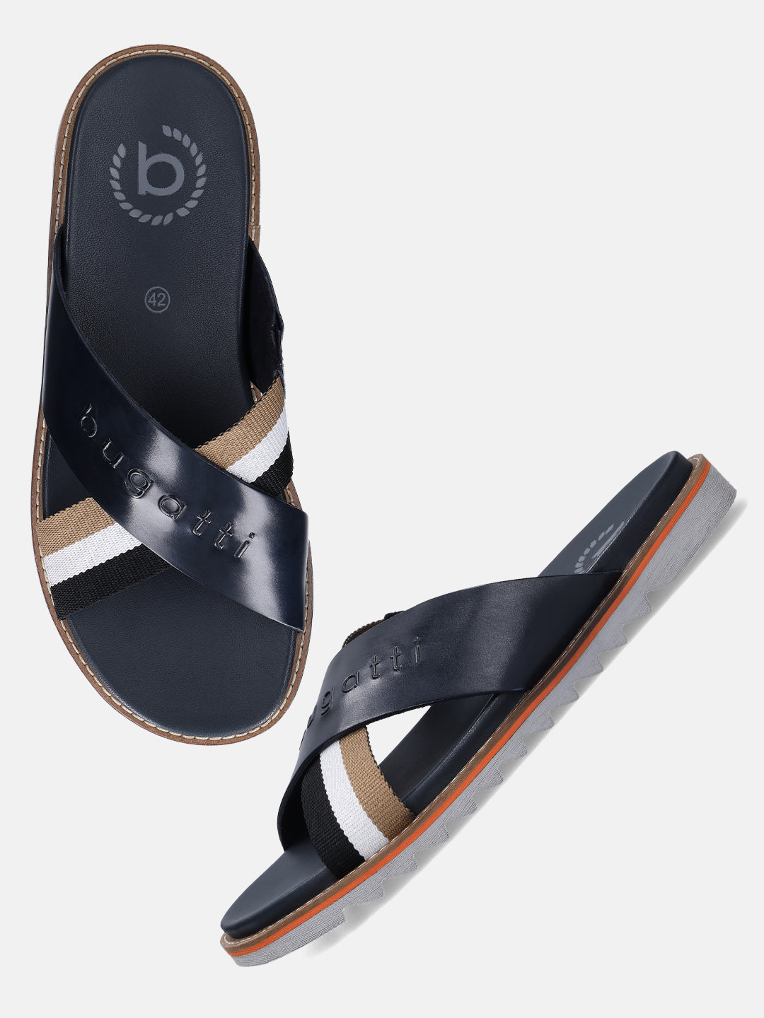 Bugatti Limon dark blue premium leather sandals featuring cross straps with striped detailing.