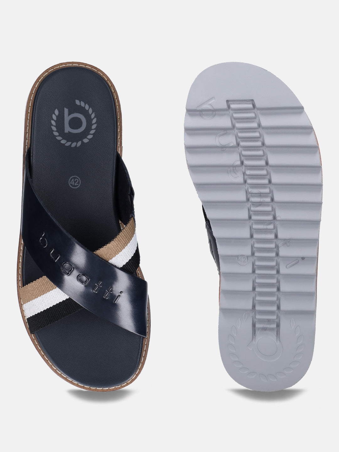 Bugatti Limon dark blue sandals featuring premium leather cross straps with stripe detail, and comfort sole.
