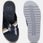 Bugatti Limon dark blue sandals featuring premium leather cross straps with stripe detail, and comfort sole.
