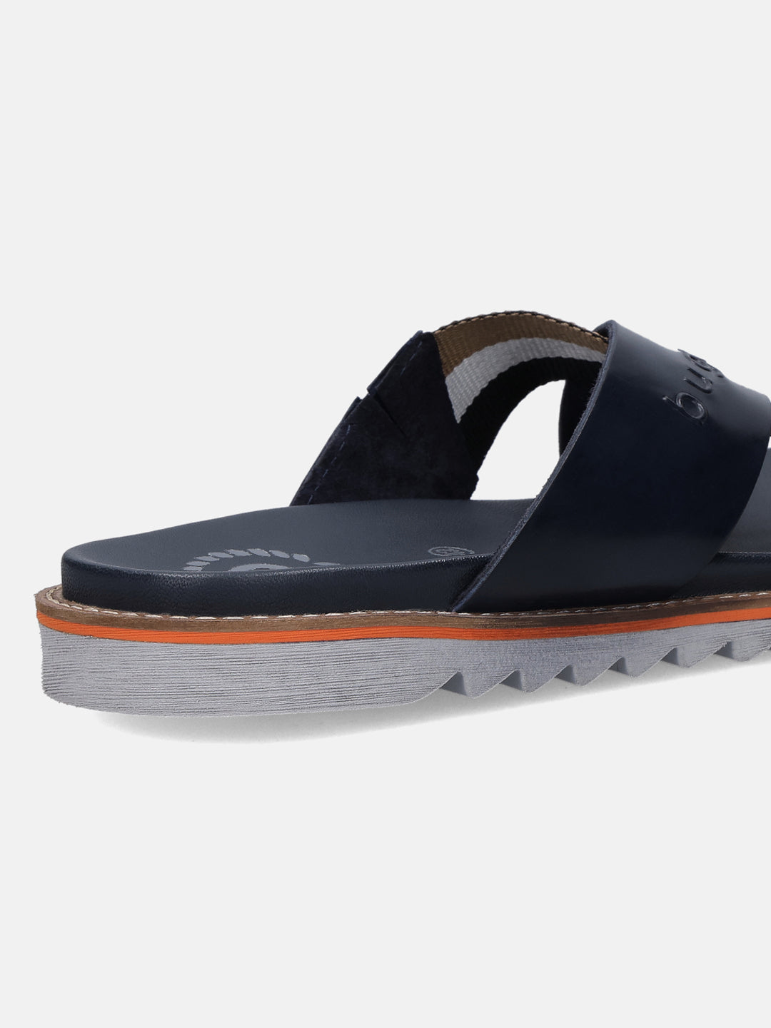 Cropped side view of a dark blue bugatti leather sandal with a comfort cross strap and a ridged sole.
