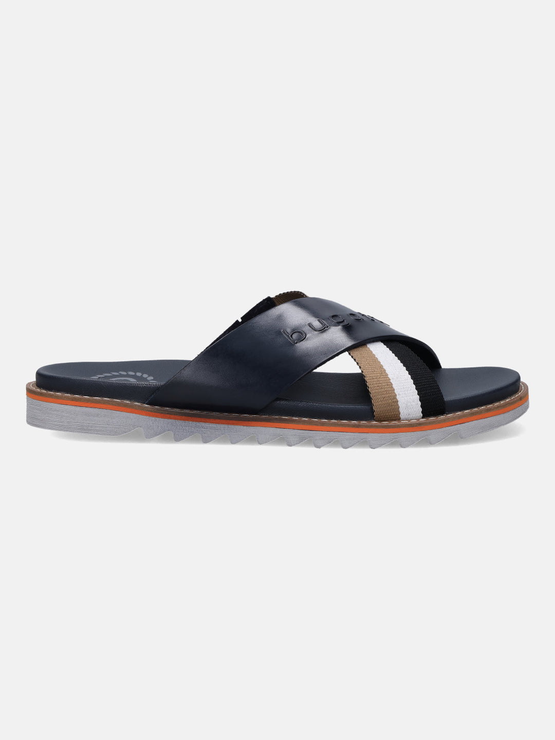 Bugatti Limon sandal in dark blue leather, featuring a cross strap design and comfortable sole.
