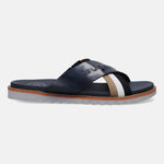 Bugatti Limon sandal in dark blue leather, featuring a cross strap design and comfortable sole.
