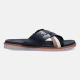 Bugatti Limon sandal in dark blue leather, featuring a cross strap design and comfortable sole.
