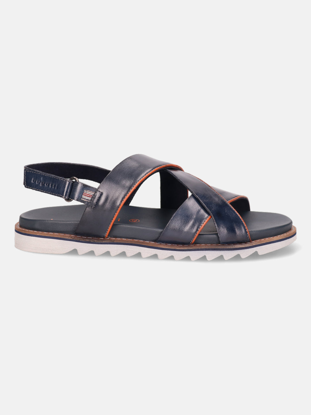 Dark blue leather sandals by Bugatti with criss-cross straps and a white sawtooth sole.