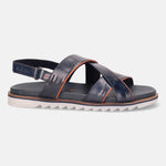 Dark blue leather sandals by Bugatti with criss-cross straps and a white sawtooth sole.