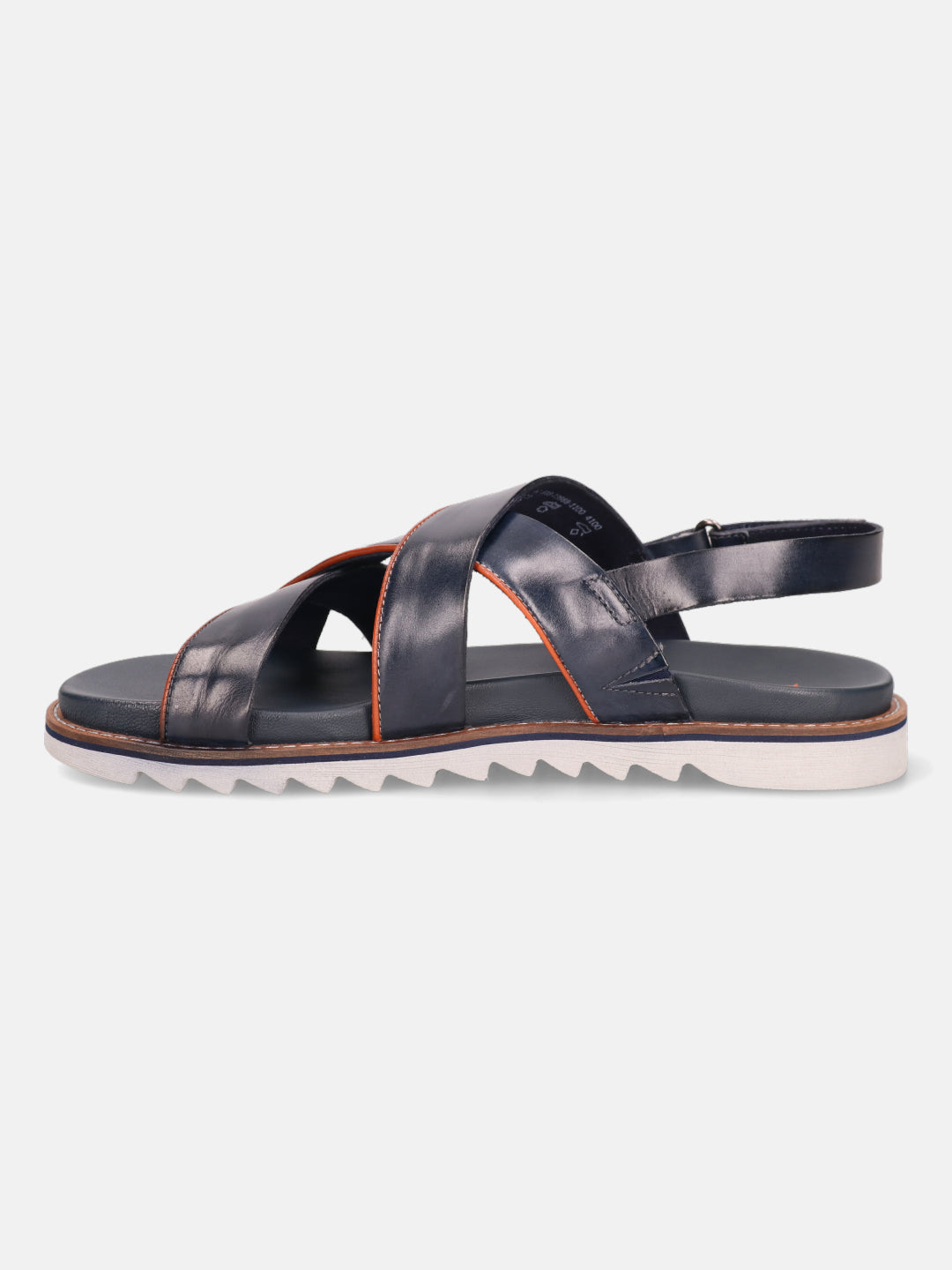 Dark blue leather sandal by bugatti with criss-cross straps and an orange accent stripe.