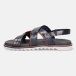 Dark blue leather sandal by bugatti with criss-cross straps and an orange accent stripe.