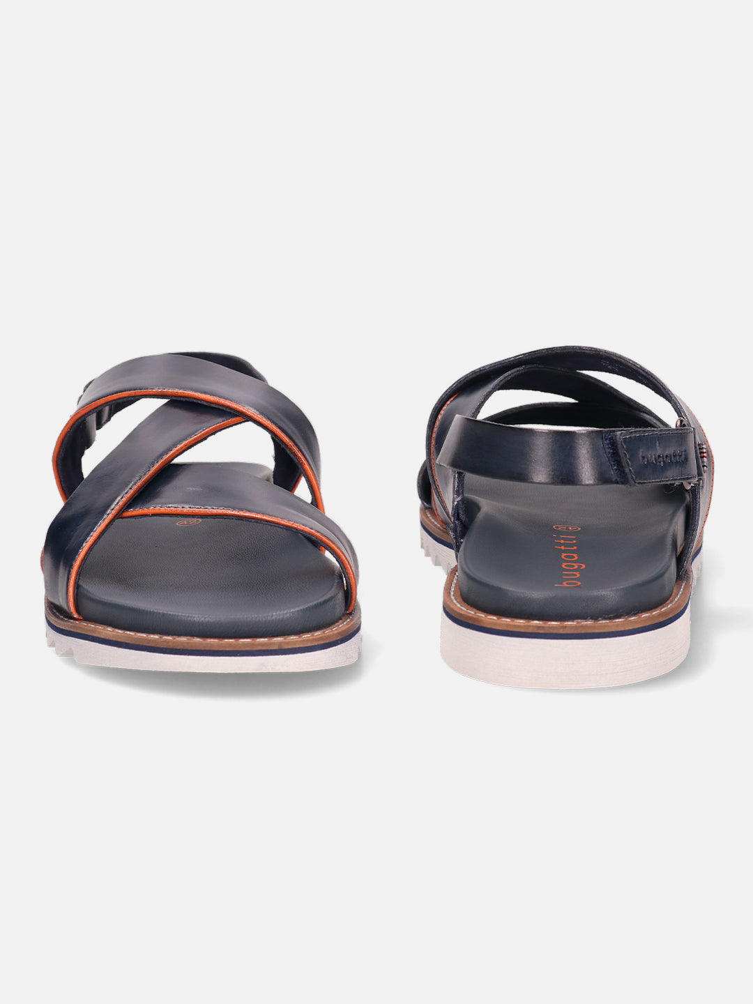 Blue leather sandals by bugatti, featuring orange piping, white soles, and back straps.