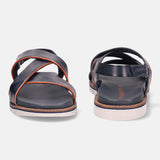 Blue leather sandals by bugatti, featuring orange piping, white soles, and back straps.