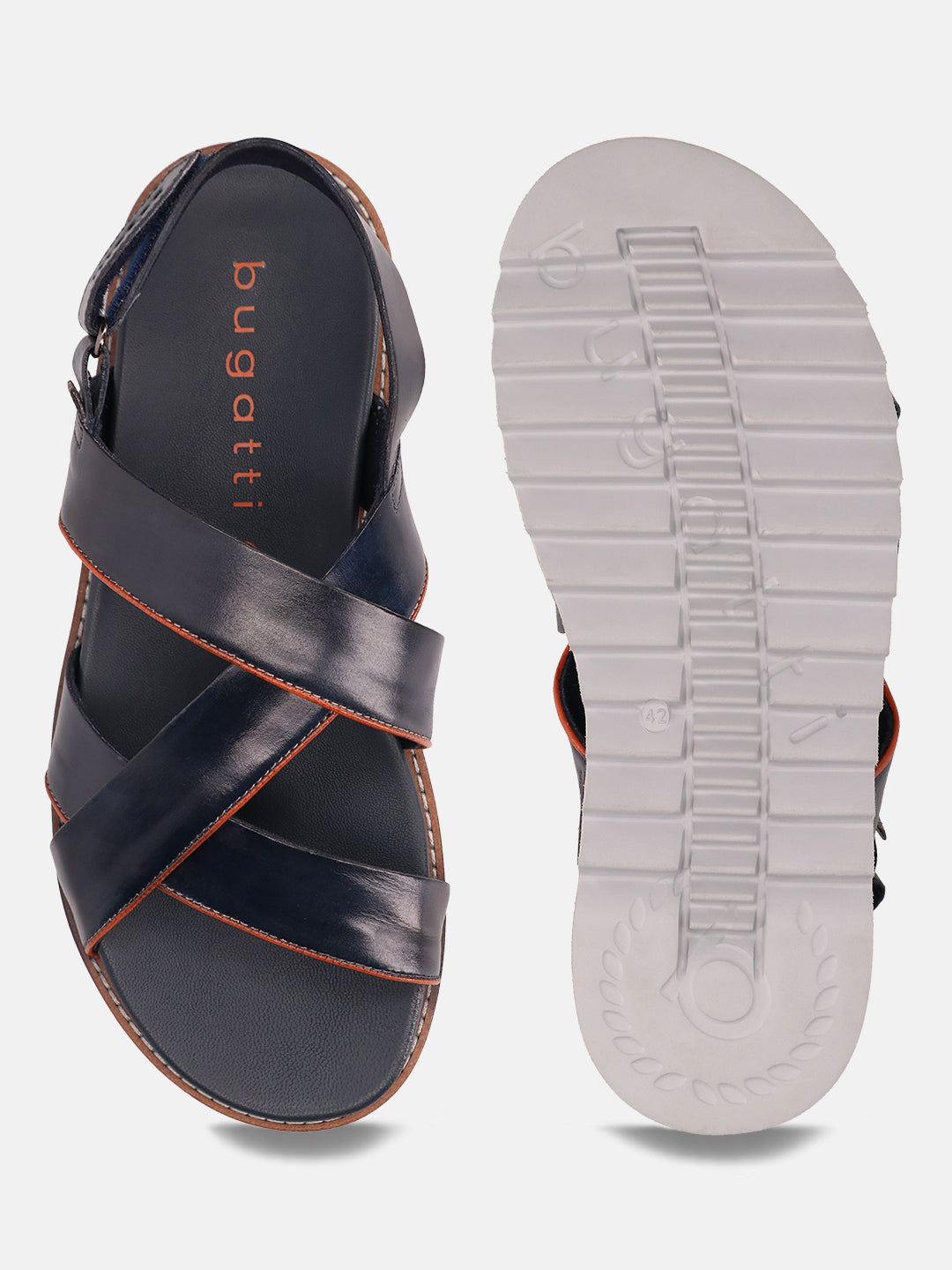Dark blue leather sandal by Bugatti with orange stitching, showing sole with linear treads.