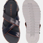 Dark blue leather sandal by Bugatti with orange stitching, showing sole with linear treads.