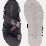 Dark blue leather sandal by Bugatti with orange stitching, showing sole with linear treads.