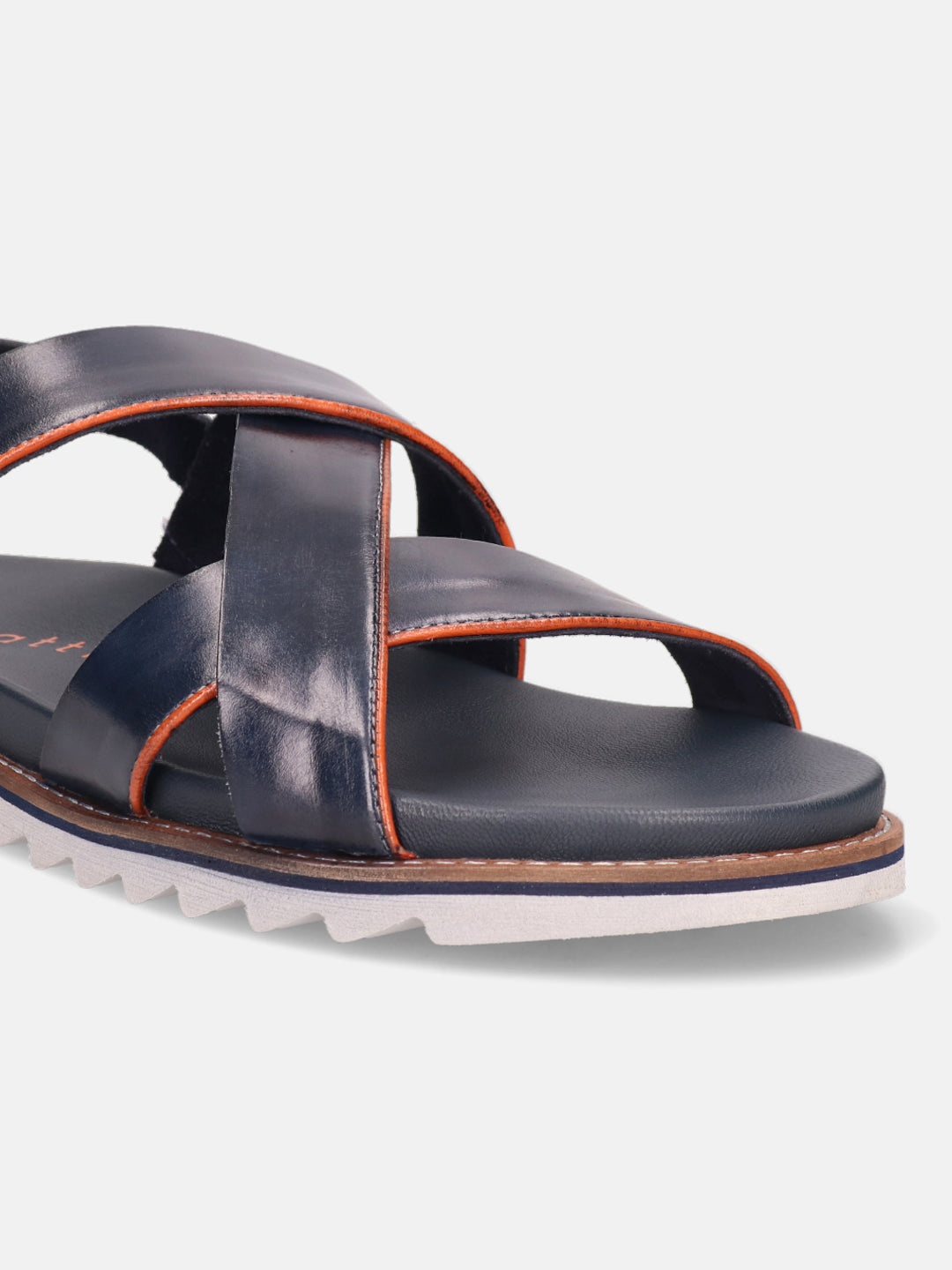 Dark blue leather sandal by bugatti with orange accent stitching, featuring a white sawtooth sole.