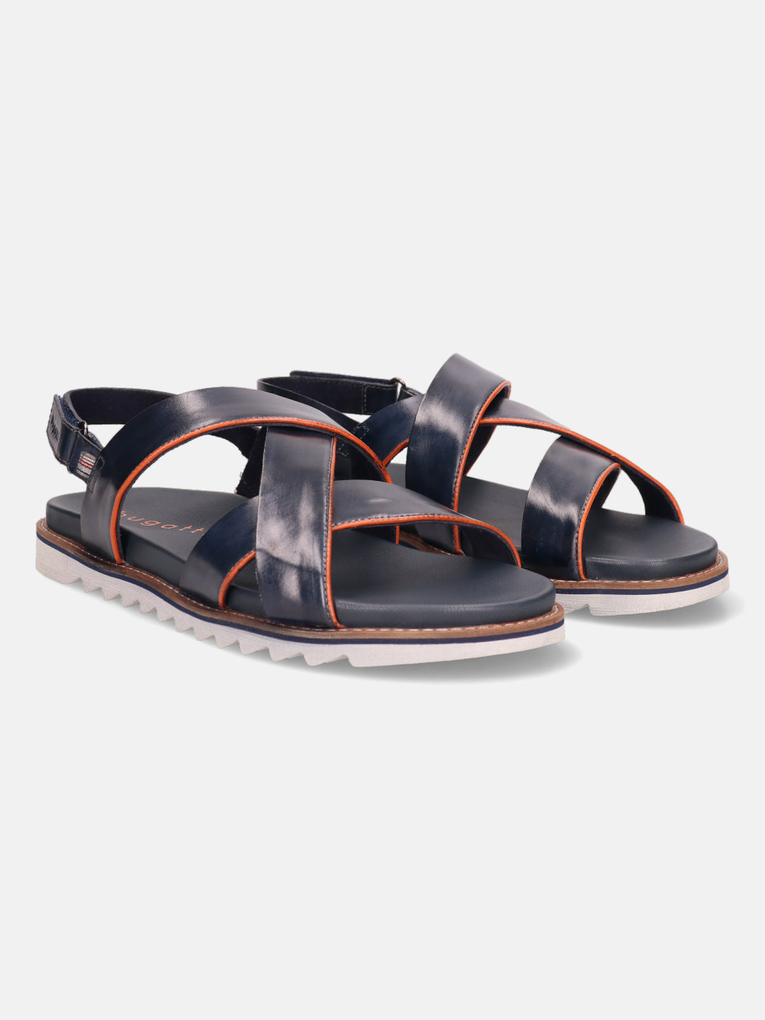 Dark blue leather sandals by bugatti with orange trim and a back strap.
