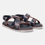Dark blue leather sandals by bugatti with orange trim and a back strap.