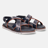 Dark blue leather sandals by bugatti with orange trim and a back strap.