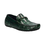 Side view of a green leather bugatti loafer featuring a subtle print and a metal accent.
