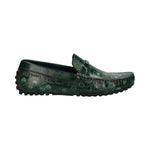 Side view of a green bugatti slip-on shoe with a map-like pattern and dark outsole.
