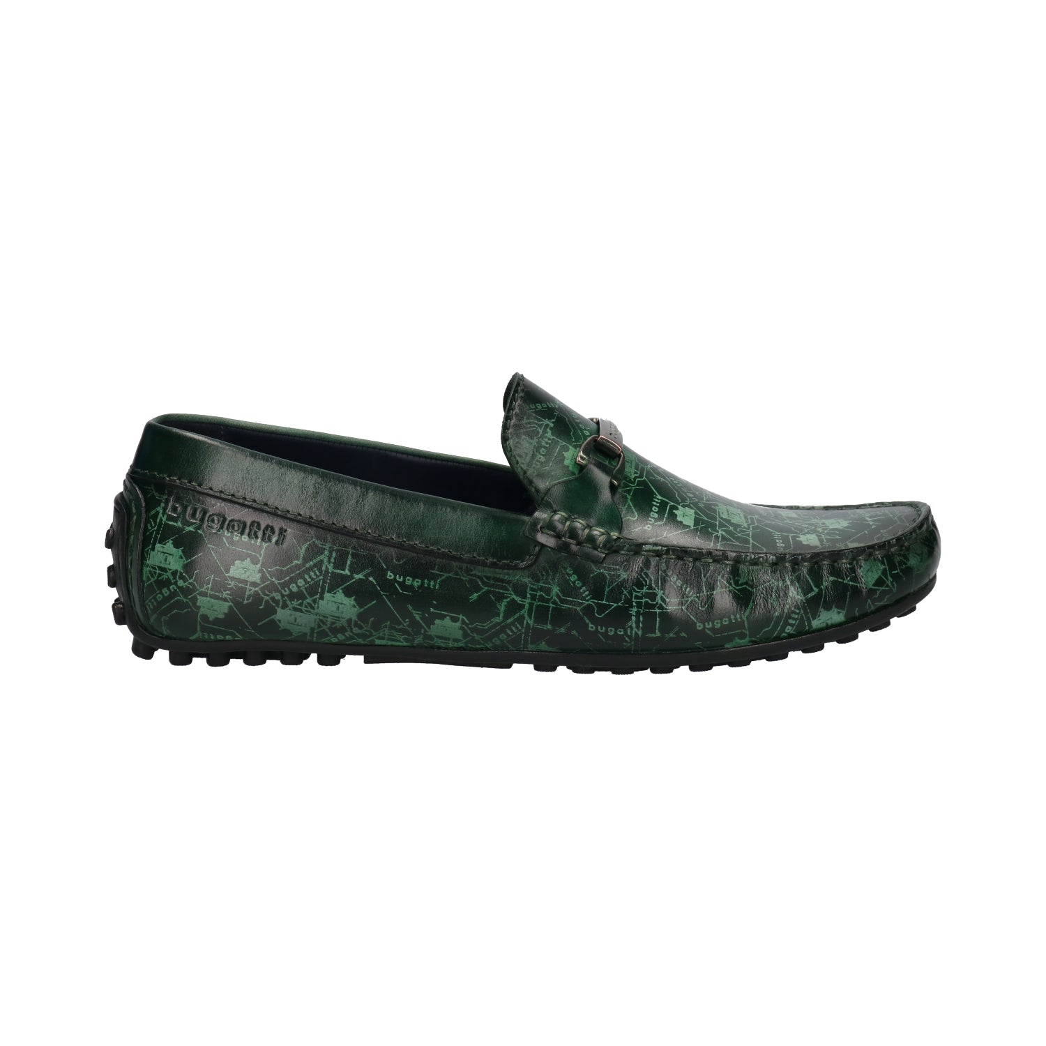 Side view of a green bugatti slip-on shoe with a map-like pattern and dark outsole.
