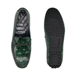 bugatti Tresmo slip-on shoe in green premium leather with map pattern, shown with its sole.
