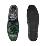 bugatti Tresmo slip-on shoe in green premium leather with map pattern, shown with its sole.
