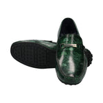 bugatti Tresmo green leather slip-on shoes with a patterned upper and black rubber soles.