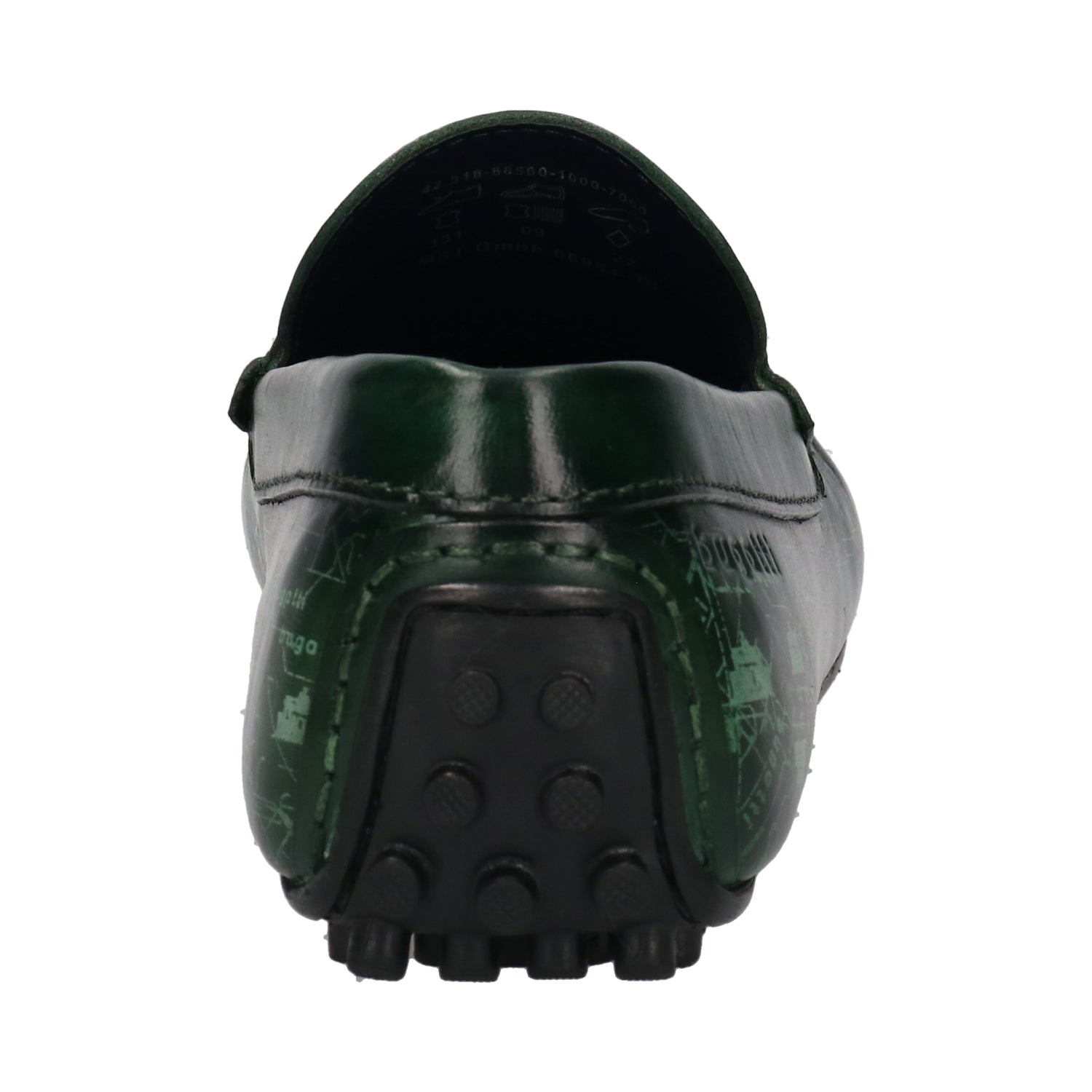 bugatti Tresmo slip-on shoe in green premium leather, featuring a map print and a comfortable driving sole.
