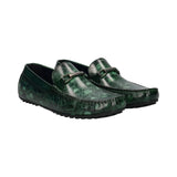 bugatti Tresmo slip-on shoes in premium green leather with map pattern and metal accent.