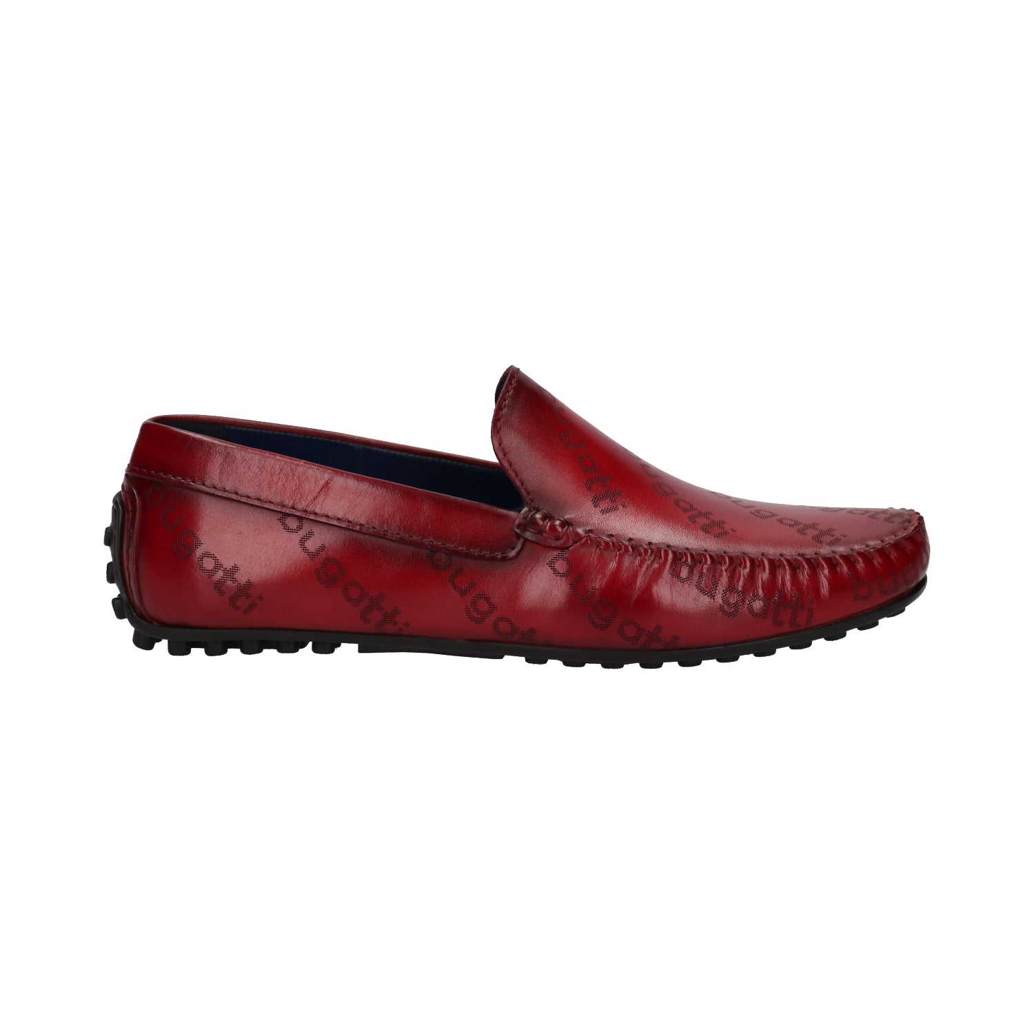 Bugatti Tresmo slip-on shoe in dark red premium leather with an allover pattern, side view.
