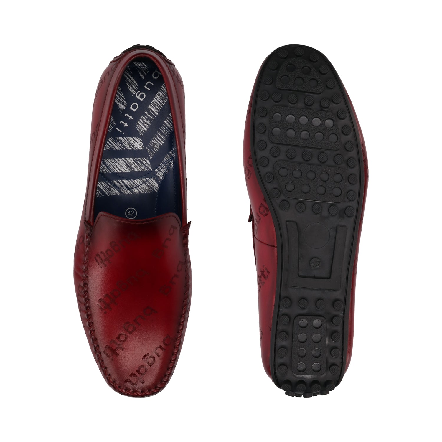 Bugatti Tresmo slip-on shoes in dark red leather, featuring the brand's name as a pattern and black soles.