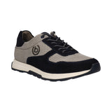 Side view of a bugatti Kensingtone sneaker in dark blue leather with gray mesh panels and textured laces.

