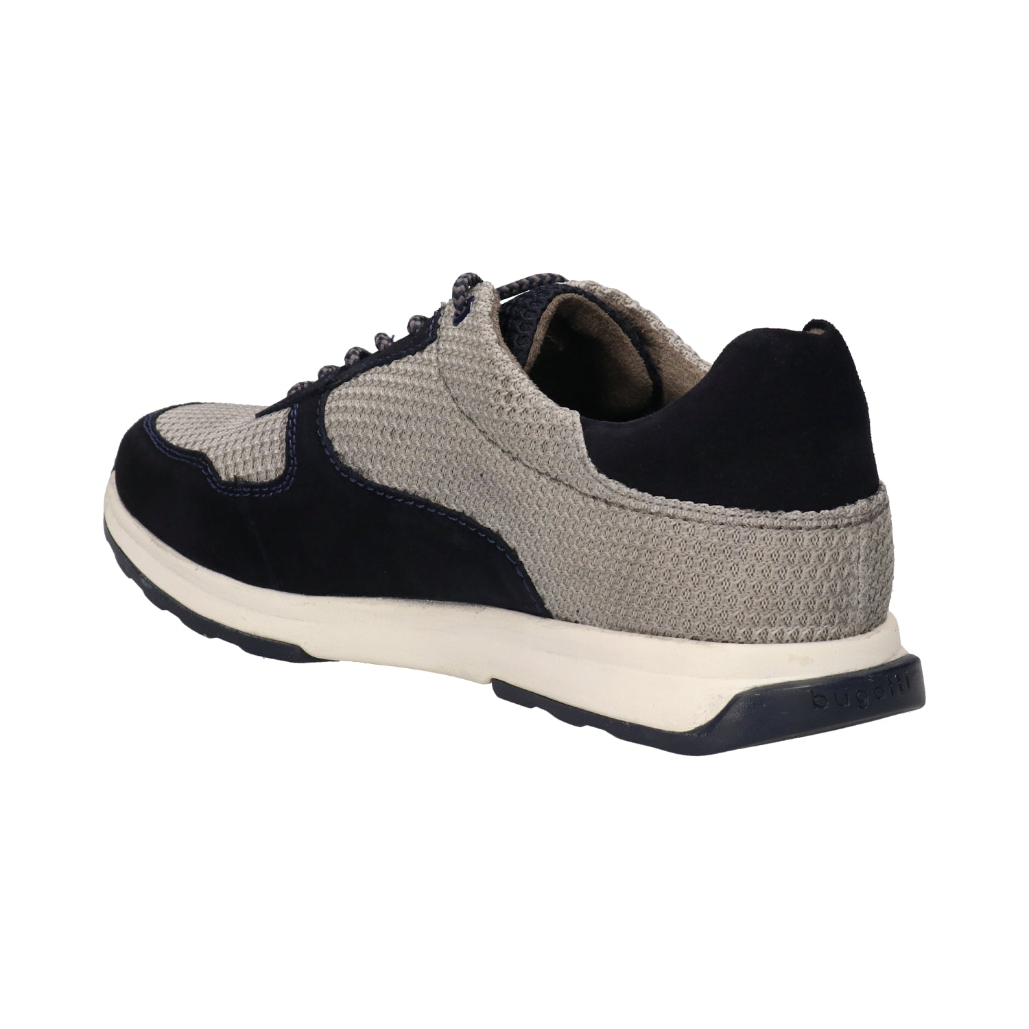 Back view of a bugatti Kensingtone dark blue leather sneaker with grey mesh, a padded collar, and a white midsole.