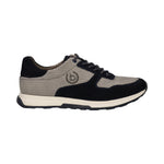 Side view of a bugatti Kensingtone sneaker in dark blue leather with a textured gray mesh upper.