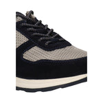 Cropped view of a bugatti Kensingtone sneaker in dark blue suede with a beige mesh insert and patterned laces.