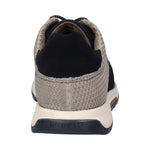 Back view of a bugatti Kensingtone shoe in dark blue leather and grey knitted fabric with a white sole.