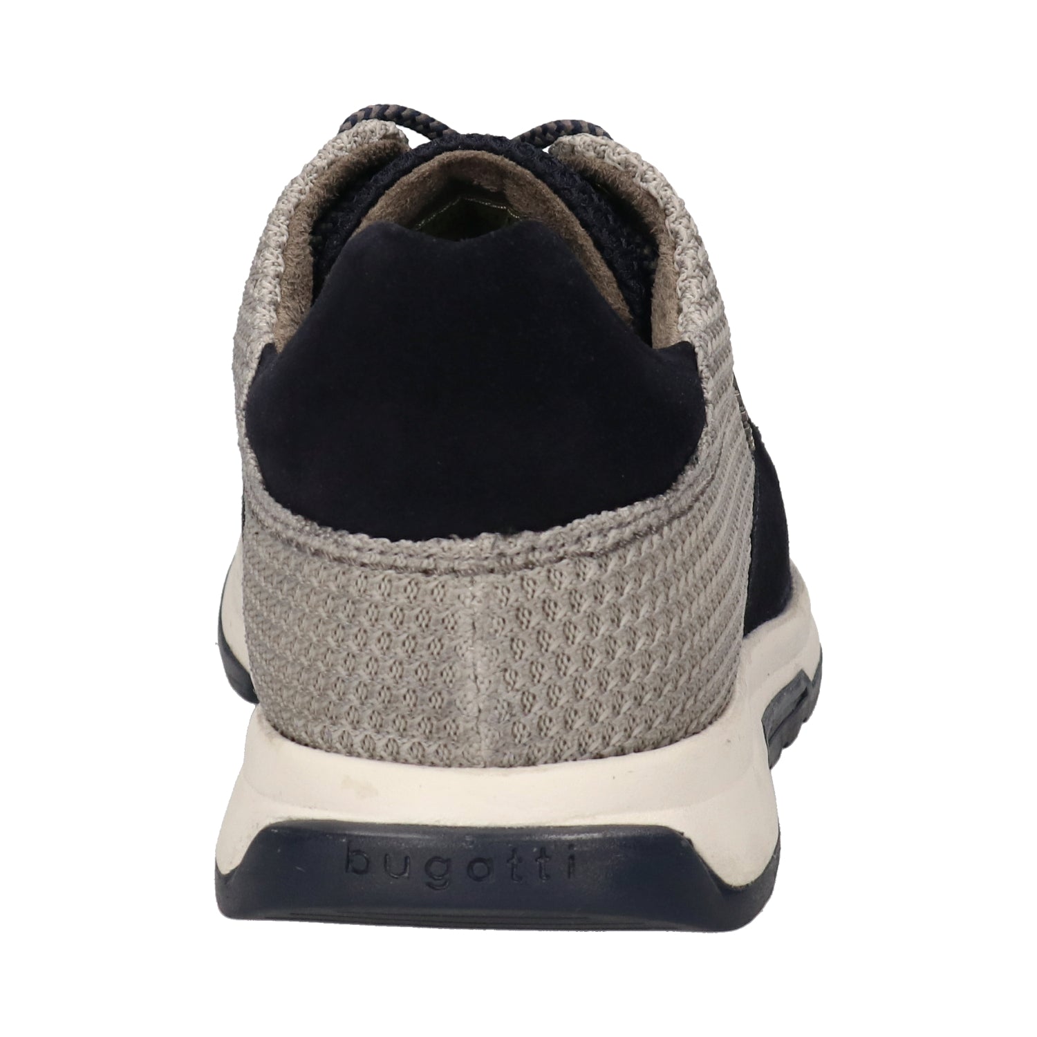 Back view of a bugatti Kensingtone shoe in dark blue leather and grey knitted fabric with a white sole.