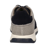 Back view of a bugatti Kensingtone shoe in dark blue leather and grey knitted fabric with a white sole.