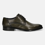 Men's Bugatti derby green leather shoes with a pointed toe and plain toe featuring a stacked heel , a leather outsole , and laces fastening.