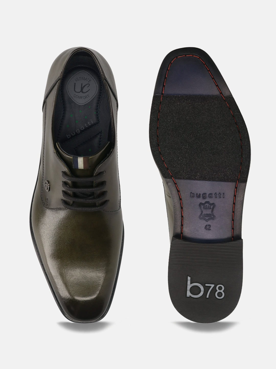 Men's Bugatti derby green leather shoes with a pointed toe and plain toe featuring a stacked heel , a leather outsole , and laces fastening.